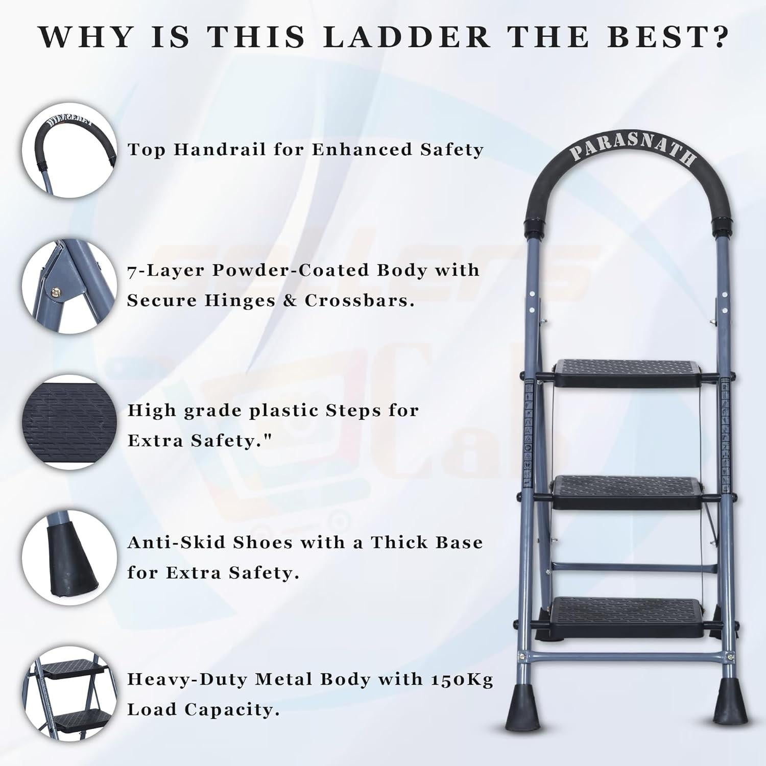 Parasnath GoUp 3 Step Foldable Steel Grey Step Ladder – Heavy-Duty and Lightweight Step Ladder with Anti-Skid Wide Plastic Steps, Safety Handle, High Reach Platform for Home, Kitchen, Office, Warehouse Use - 6 Year Manufacturer Warranty - Made in India - PARASNATH