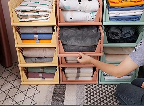 PARASNATH Stylera Large Size Wardrobe Organizer for Clothes – Foldable & Stackable Storage Box with Lid | Multi-Purpose Fabric Closet Organizer for Sarees, Shirts, Toys, Bedding | Dimensions: 45.5 x 35 x 15.5 cm | Made in India (Set of 10) (Pink Color) - PARASNATH