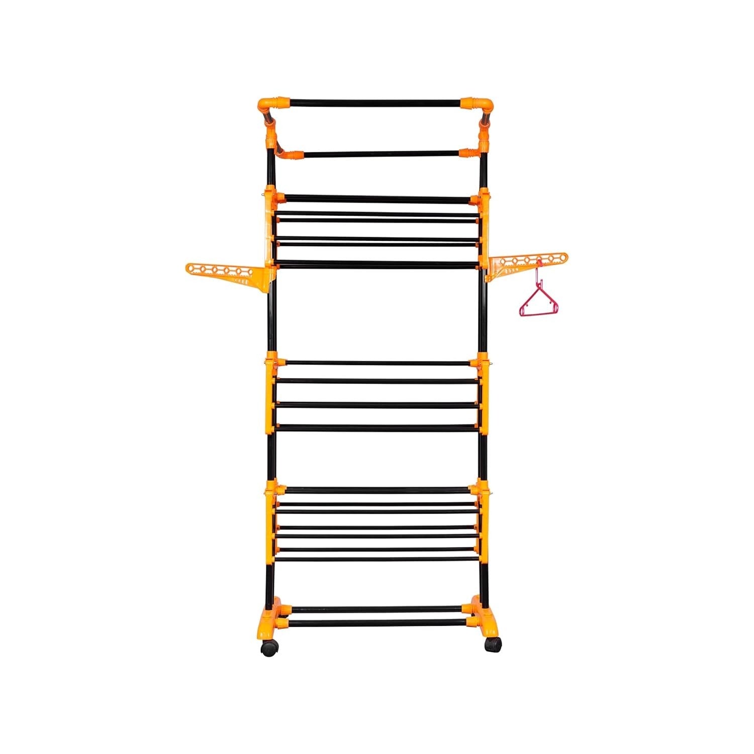 PARASNATH Luxury Black/Orange 3-Pole Steel Cloth Drying Stand with Smooth Breaking Wheels System – Heavy-Duty Durable Drying Rack for Indoor & Outdoor Use, Space-Saving Design, Made in India - PARASNATH