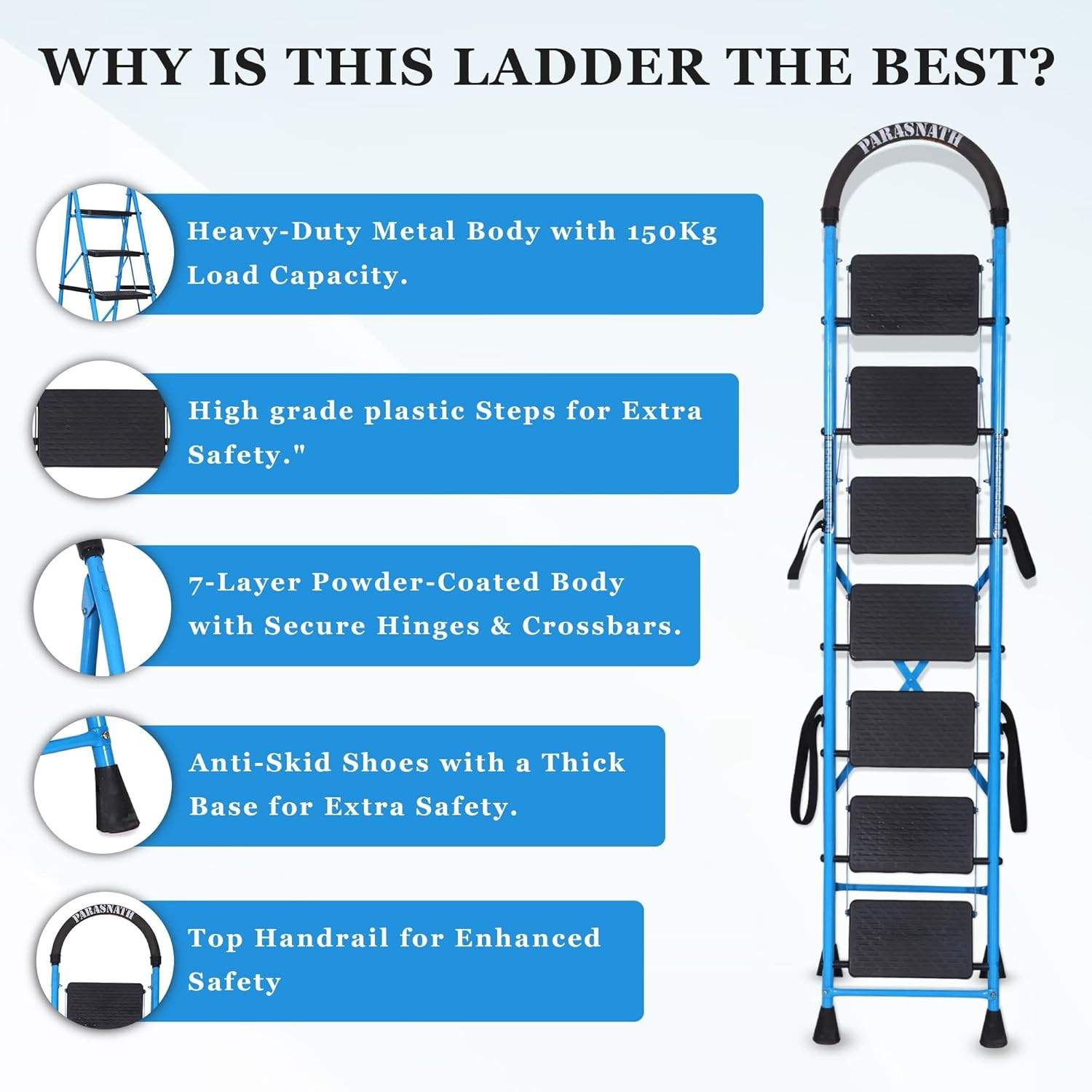 Parasnath GoUp 7 Step Foldable Steel Blue Step Ladder – Heavy-Duty and Lightweight Step Ladder with Anti-Skid Wide Plastic Steps, Safety Handle, High Reach Platform for Home, Kitchen, Office, Warehouse Use - 6 Year Manufacturer Warranty - Made in India - PARASNATH