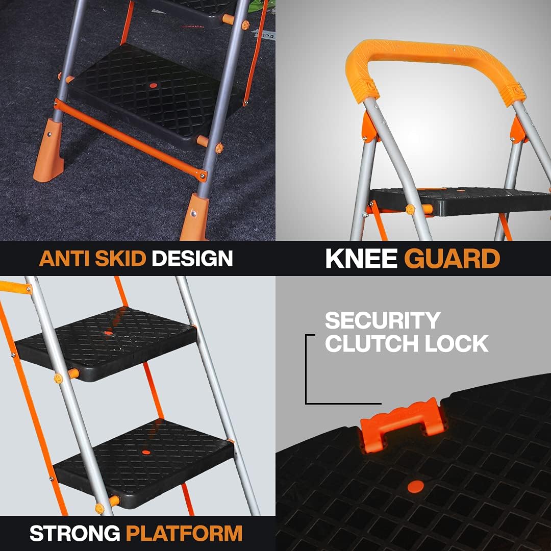Parasnath 4 Step Orange Diamond Folding Ladder with Wide Steps 4 Steps 4.2 FT Ladder - Made in India - PARASNATH