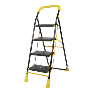 Parasnath 4 Step Yellow Diamond Mild Steel Foldable Ladder for Home - Wide Anti Skid Plastic Step Ladder for Extra Gripping 4.2 FT Ladder - Made in India - PARASNATH