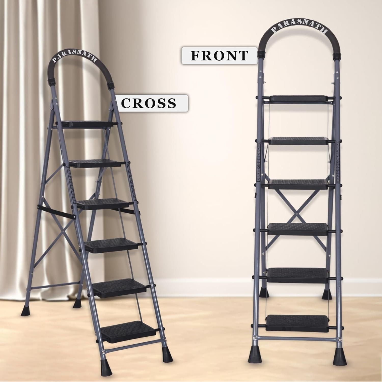 Parasnath GoUp 6 Step Foldable Steel Grey Step Ladder – Heavy-Duty and Lightweight Step Ladder with Anti-Skid Wide Plastic Steps, Safety Handle, High Reach Platform for Home, Kitchen, Office, Warehouse Use - 6 Year Manufacturer Warranty - Made in India - PARASNATH