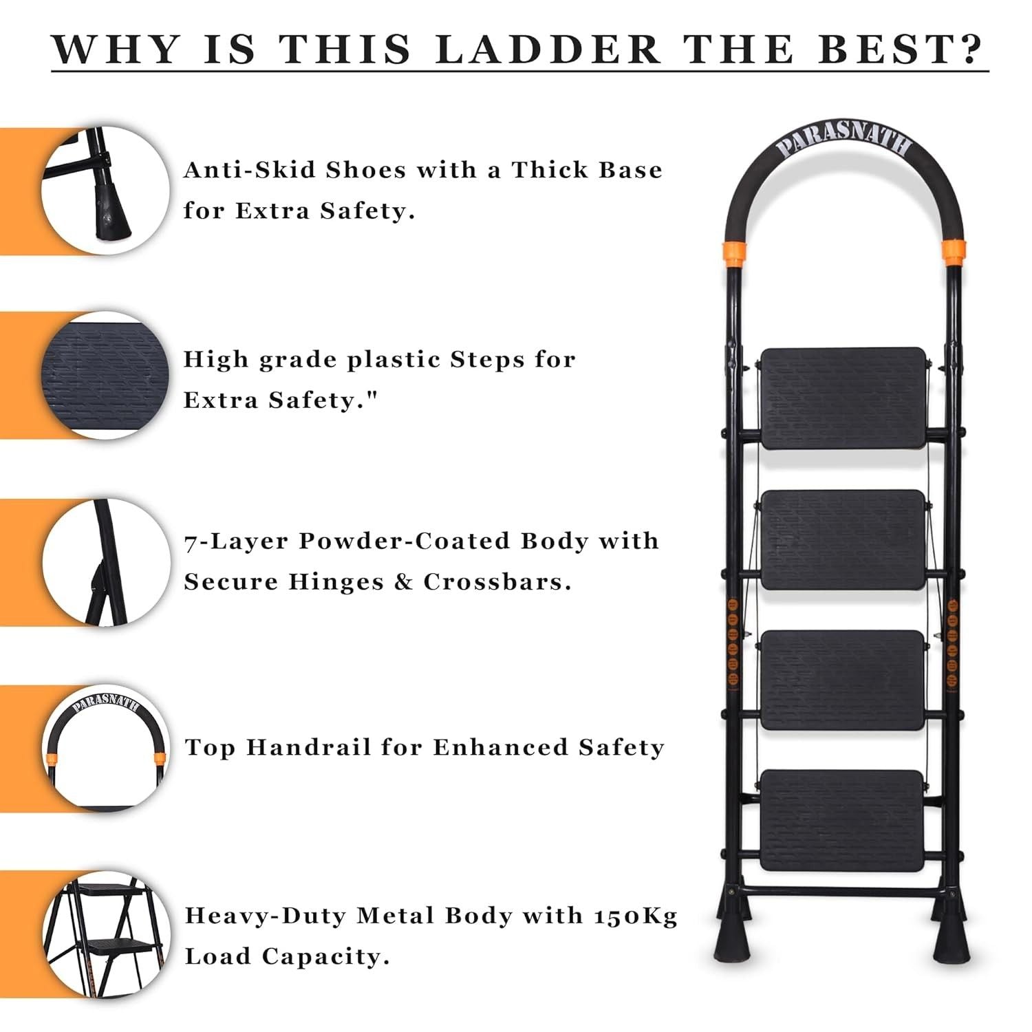 Parasnath GoUp 4 Step Foldable Steel Black Step Ladder – Heavy-Duty and Lightweight Step Ladder with Anti-Skid Wide Plastic Steps, Safety Handle, High Reach Platform for Home, Kitchen, Office, Warehouse Use - 6 Year Manufacturer Warranty - Made in India - PARASNATH
