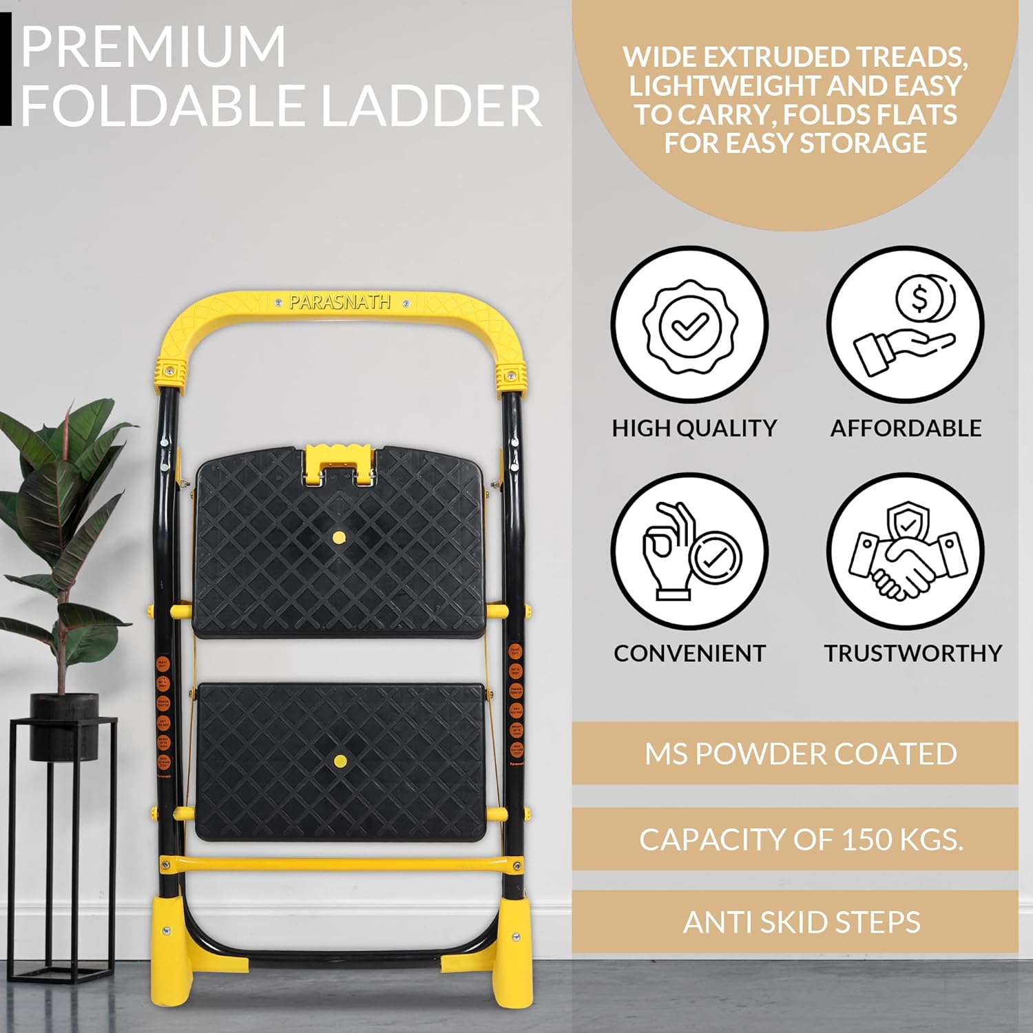 Parasnath 2 Step Yellow Diamond Mild Steel Foldable Ladder for Home - Wide Anti Skid Plastic Step Ladder for Extra Gripping 2.3 FT Ladder - Made in India - PARASNATH