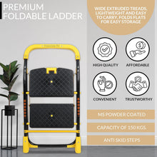 Load image into Gallery viewer, Parasnath 2 Step Yellow Diamond Mild Steel Foldable Ladder for Home - Wide Anti Skid Plastic Step Ladder for Extra Gripping 2.3 FT Ladder - Made in India - PARASNATH