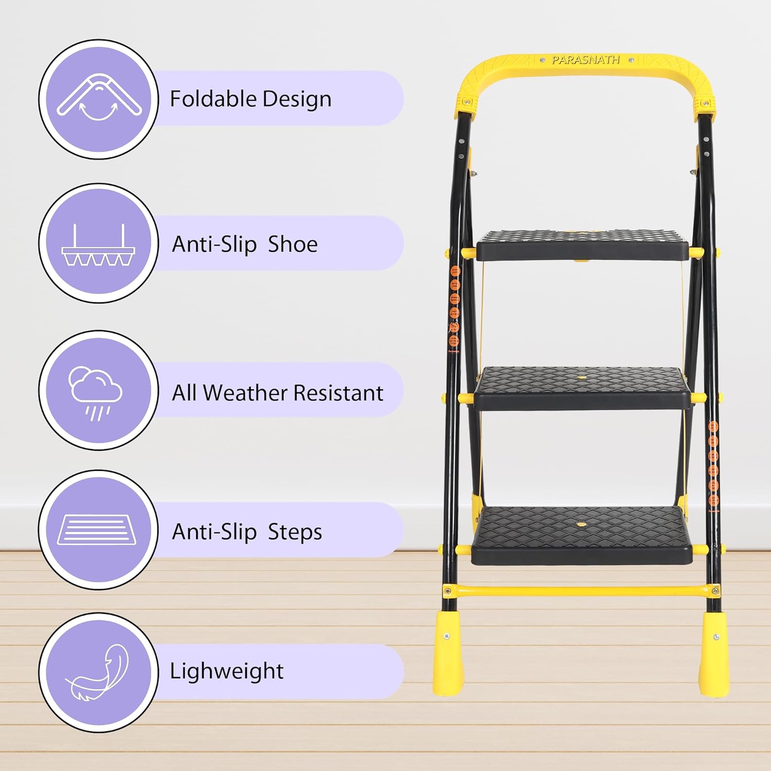 Parasnath 3 Step Yellow Diamond Mild Steel Foldable Ladder for Home - Wide Anti Skid Plastic Step Ladder for Extra Gripping (Yellow &amp; Black Colour) 3.3 FT Ladder - Made in India - PARASNATH