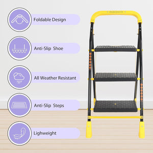 Parasnath 3 Step Yellow Diamond Mild Steel Foldable Ladder for Home - Wide Anti Skid Plastic Step Ladder for Extra Gripping (Yellow &amp; Black Colour) 3.3 FT Ladder - Made in India - PARASNATH