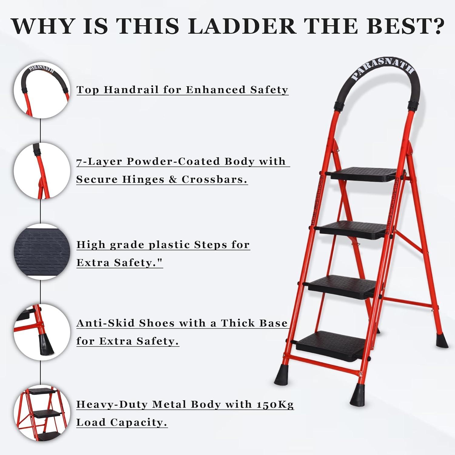 Parasnath GoUp 4 Step Foldable Steel Red Step Ladder – Heavy-Duty and Lightweight Step Ladder with Anti-Skid Wide Plastic Steps, Safety Handle, High Reach Platform for Home, Kitchen, Office, Warehouse Use - 6 Year Manufacturer Warranty - Made in India - PARASNATH