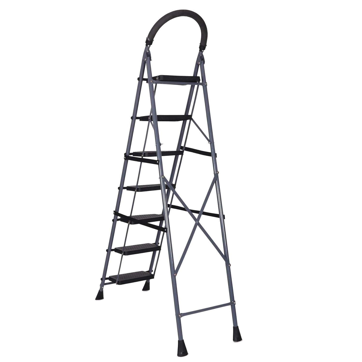 Parasnath GoUp 7 Step Foldable Steel Grey Step Ladder – Heavy-Duty and Lightweight Step Ladder with Anti-Skid Wide Plastic Steps, Safety Handle, High Reach Platform for Home, Kitchen, Office, Warehouse Use - 6 Year Manufacturer Warranty - Made in India - PARASNATH