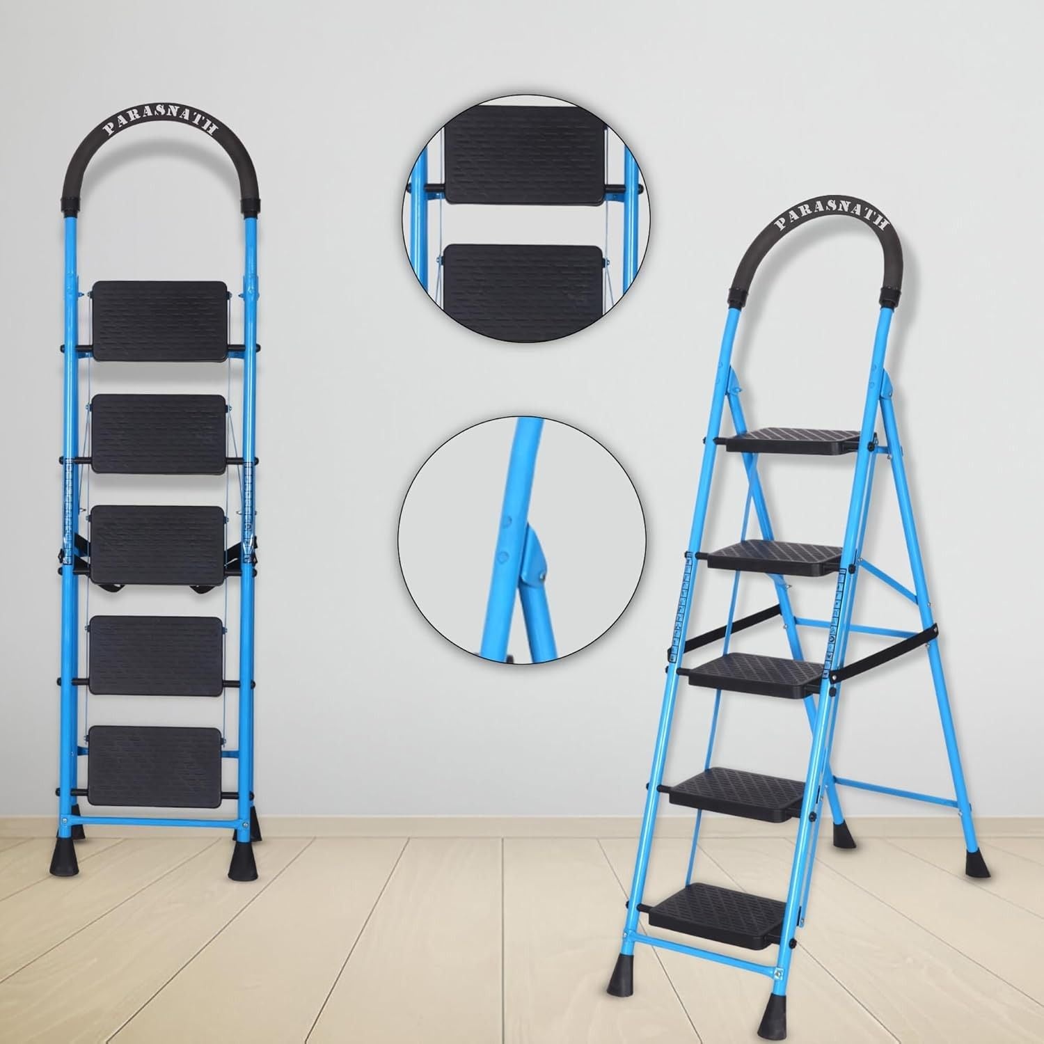 Parasnath GoUp 5 Step Foldable Steel Blue Step Ladder – Heavy-Duty and Lightweight Step Ladder with Anti-Skid Wide Plastic Steps, Safety Handle, High Reach Platform for Home, Kitchen, Office, Warehouse Use - 6 Year Manufacturer Warranty - Made in India - PARASNATH