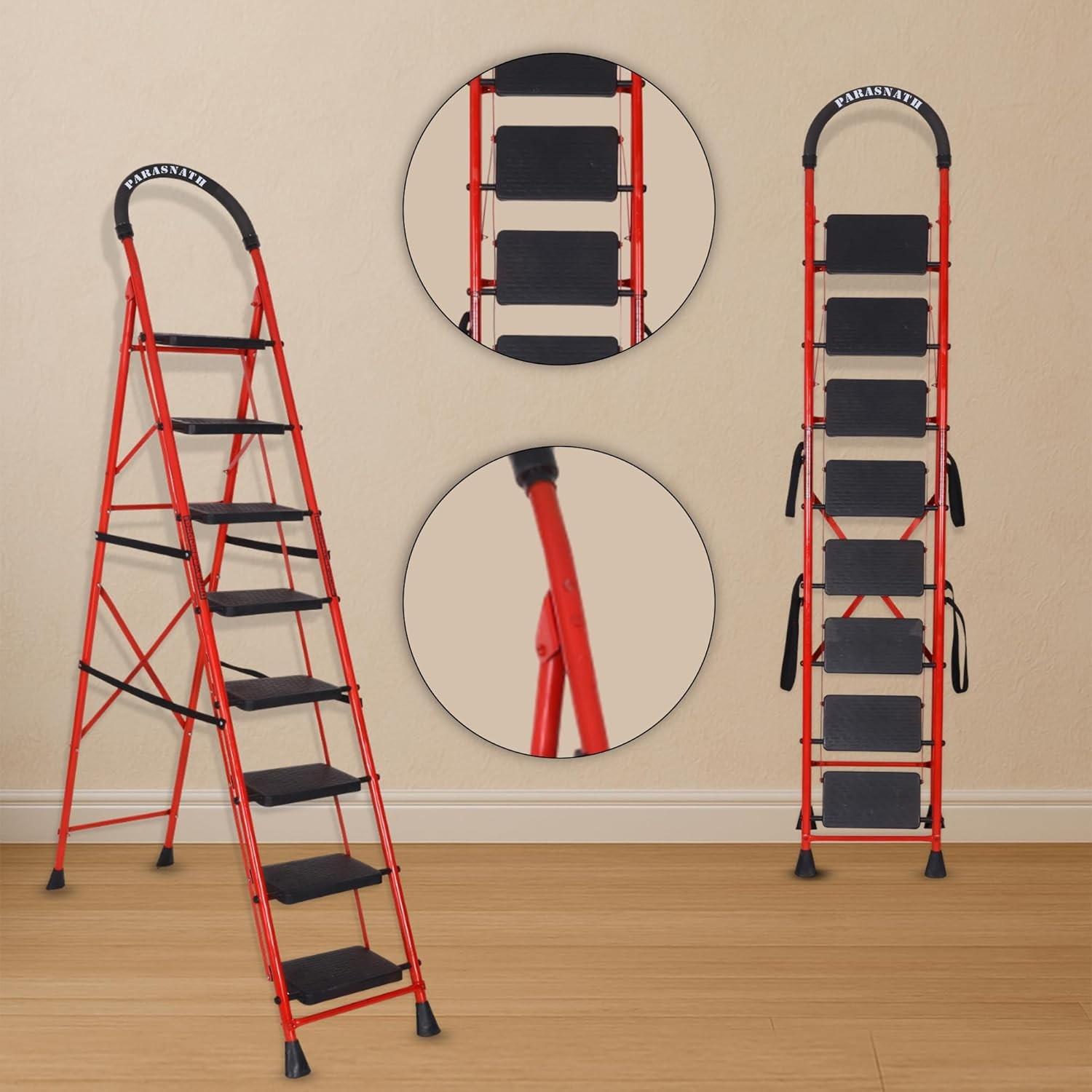 Parasnath GoUp 8 Step Foldable Steel Red Step Ladder – Heavy-Duty and Lightweight Step Ladder with Anti-Skid Wide Plastic Steps, Safety Handle, High Reach Platform for Home, Kitchen, Office, Warehouse Use - 6 Year Manufacturer Warranty - Made in India - PARASNATH