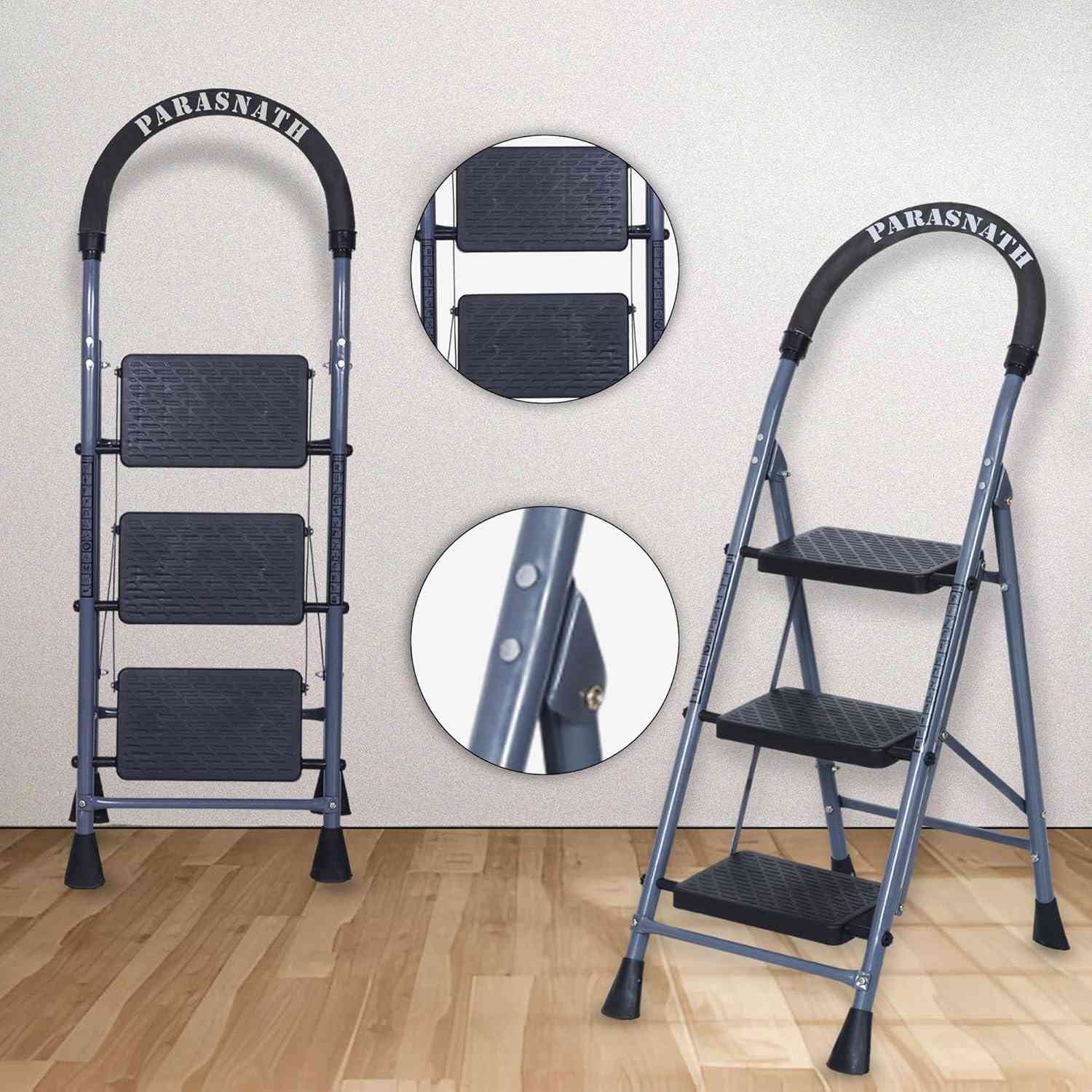 Parasnath GoUp 3 Step Foldable Steel Grey Step Ladder – Heavy-Duty and Lightweight Step Ladder with Anti-Skid Wide Plastic Steps, Safety Handle, High Reach Platform for Home, Kitchen, Office, Warehouse Use - 6 Year Manufacturer Warranty - Made in India - PARASNATH