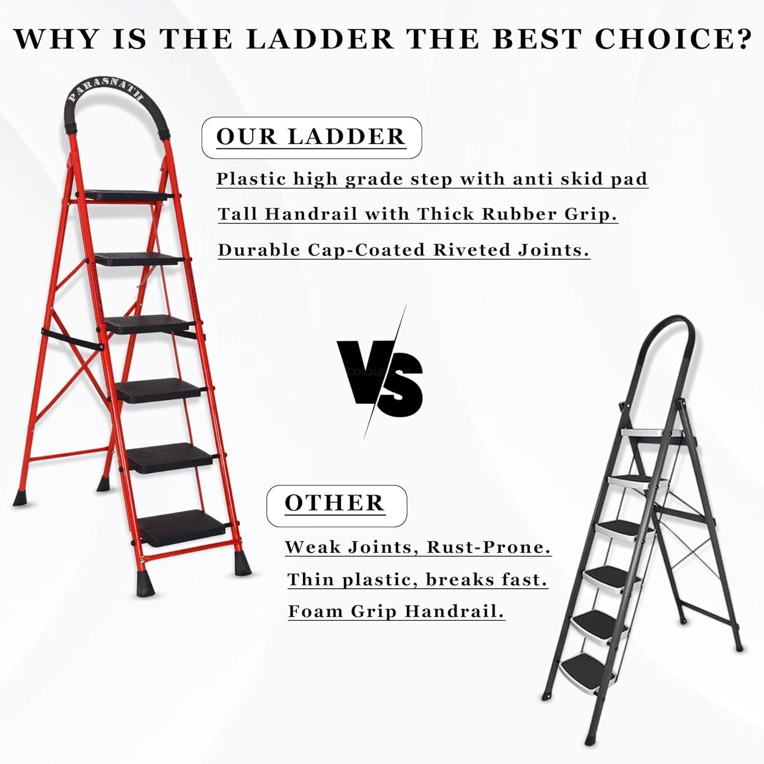 Parasnath GoUp 6 Step Foldable Steel Red Step Ladder – Heavy-Duty and Lightweight Step Ladder with Anti-Skid Wide Plastic Steps, Safety Handle, High Reach Platform for Home, Kitchen, Office, Warehouse Use - 6 Year Manufacturer Warranty - Made in India - PARASNATH