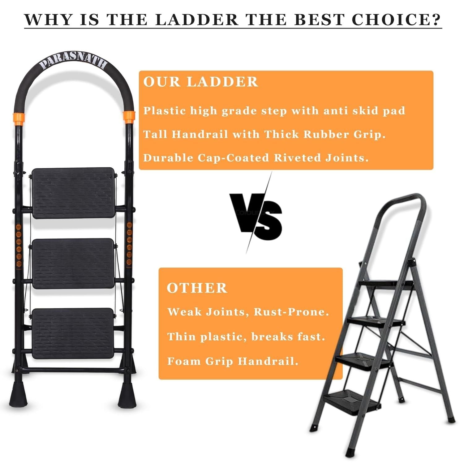 Parasnath GoUp 3 Step Foldable Steel Black Step Ladder – Heavy-Duty and Lightweight Step Ladder with Anti-Skid Wide Plastic Steps, Safety Handle, High Reach Platform for Home, Kitchen, Office, Warehouse Use - 6 Year Manufacturer Warranty - Made in India - PARASNATH