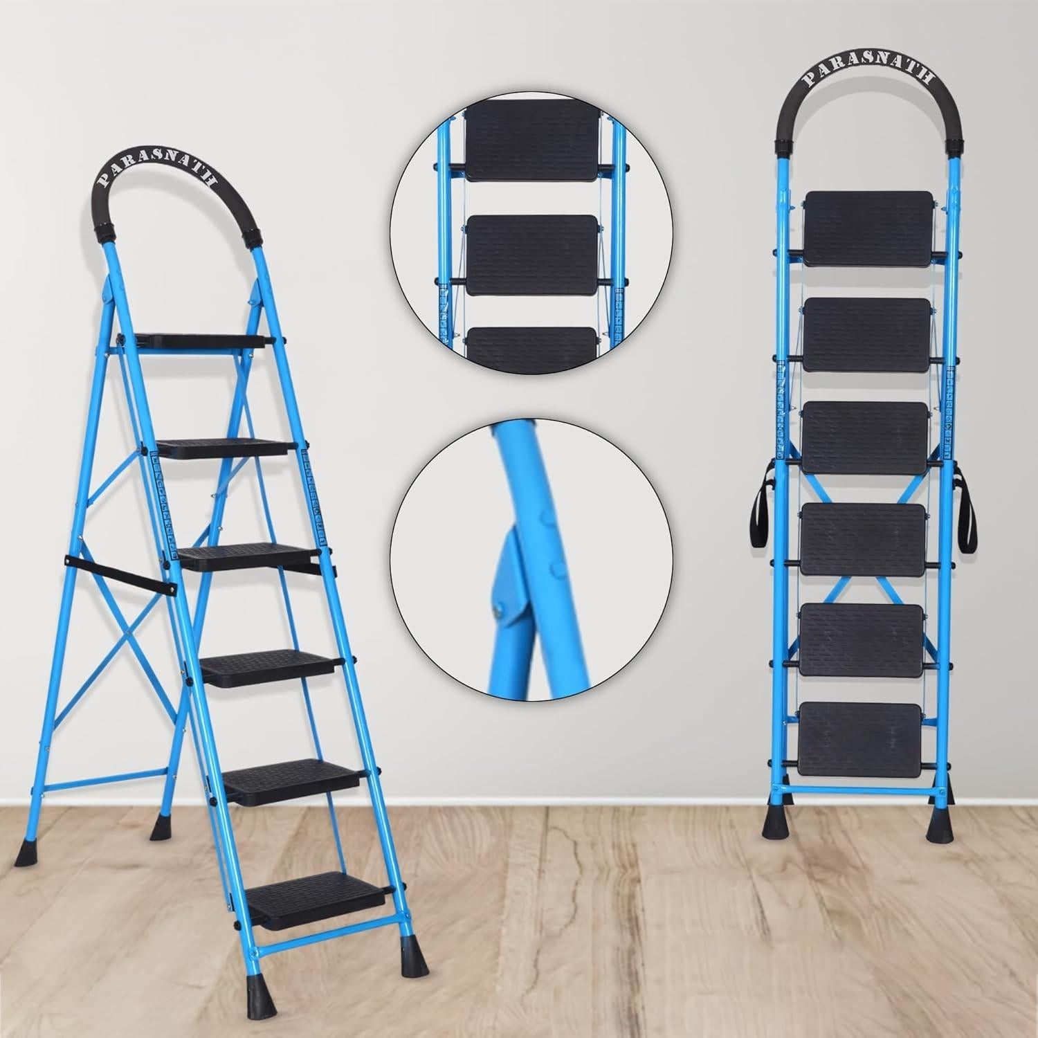 Parasnath GoUp 6 Step Foldable Steel Blue Step Ladder – Heavy-Duty and Lightweight Step Ladder with Anti-Skid Wide Plastic Steps, Safety Handle, High Reach Platform for Home, Kitchen, Office, Warehouse Use - 6 Year Manufacturer Warranty - Made in India - PARASNATH
