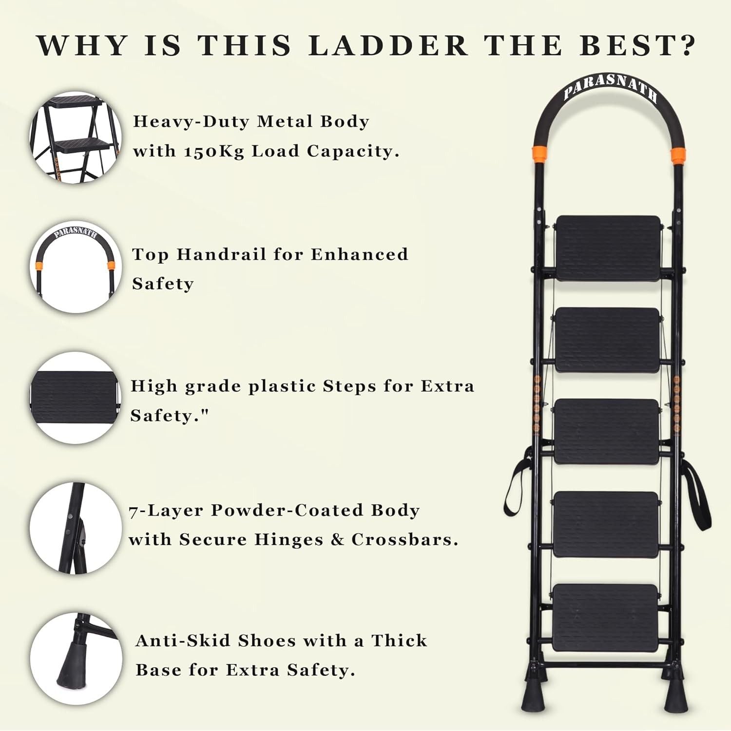 Parasnath GoUp 5 Step Foldable Steel Black Step Ladder – Heavy-Duty and Lightweight Step Ladder with Anti-Skid Wide Plastic Steps, Safety Handle, High Reach Platform for Home, Kitchen, Office, Warehouse Use - 6 Year Manufacturer Warranty - Made in India - PARASNATH