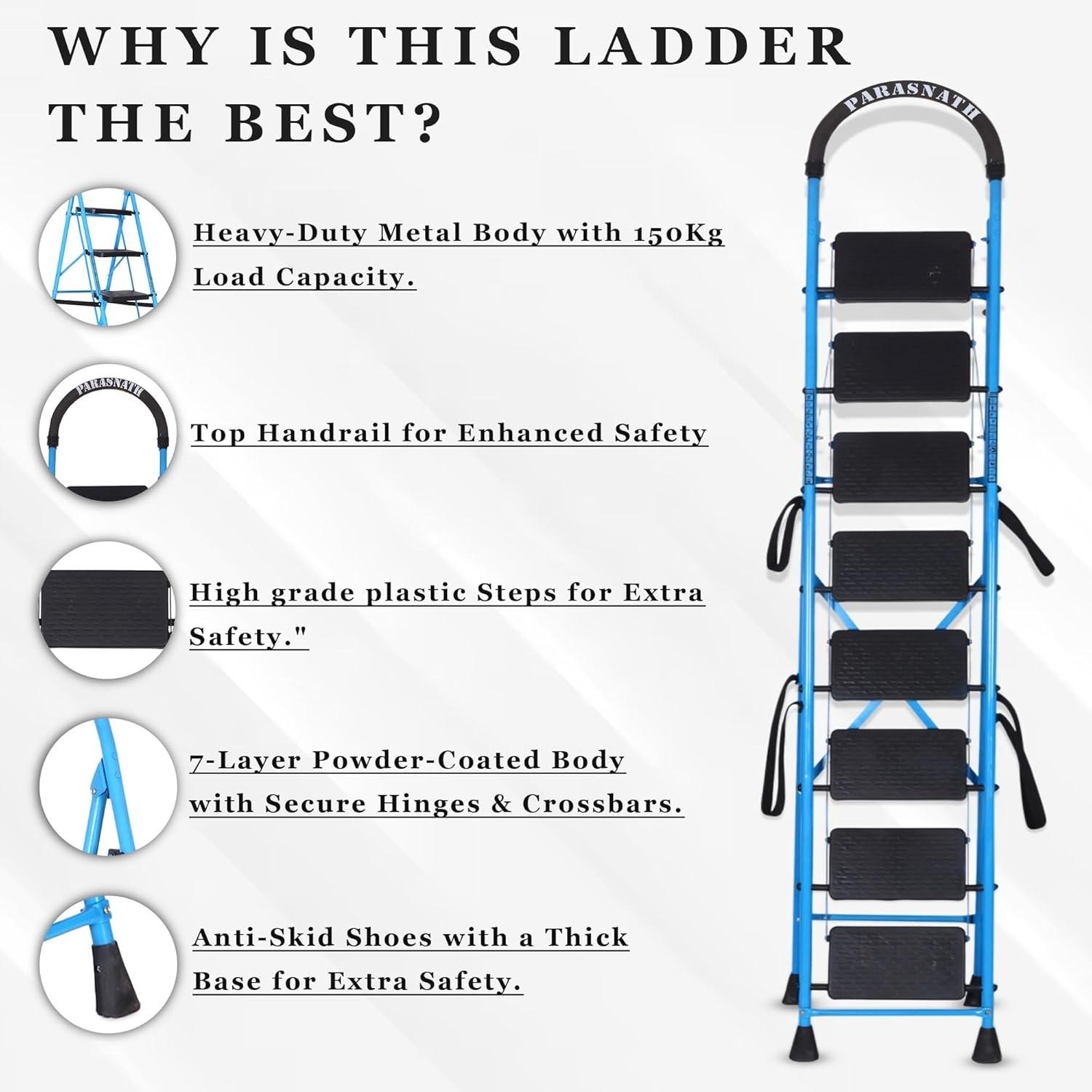 Parasnath GoUp 8 Step Foldable Steel Blue Step Ladder – Heavy-Duty and Lightweight Step Ladder with Anti-Skid Wide Plastic Steps, Safety Handle, High Reach Platform for Home, Kitchen, Office, Warehouse Use - 6 Year Manufacturer Warranty - Made in India - PARASNATH