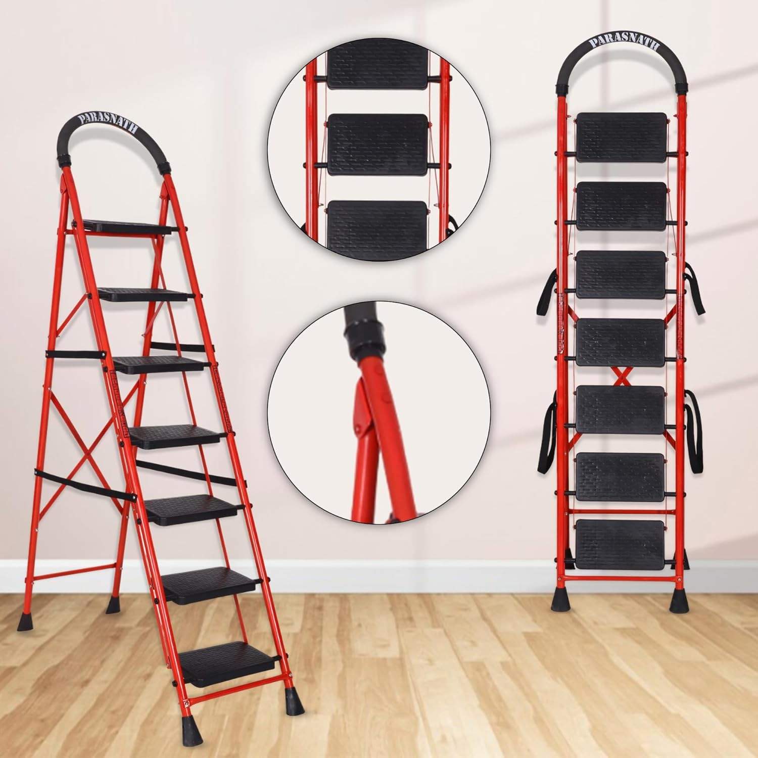 Parasnath GoUp 7 Step Foldable Steel Red Step Ladder – Heavy-Duty and Lightweight Step Ladder with Anti-Skid Wide Plastic Steps, Safety Handle, High Reach Platform for Home, Kitchen, Office, Warehouse Use - 6 Year Manufacturer Warranty - Made in India - PARASNATH