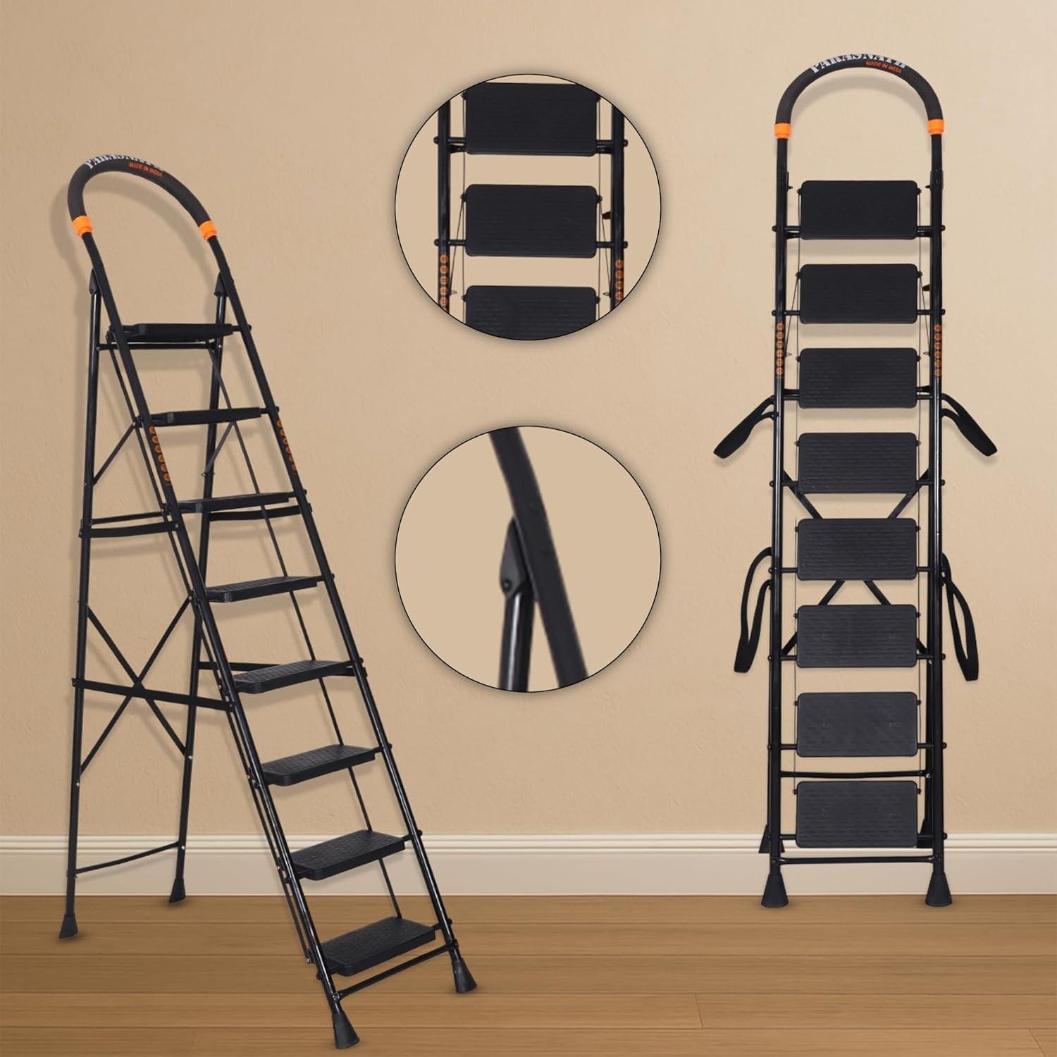 Parasnath GoUp 8 Step Foldable Steel Black Step Ladder – Heavy-Duty and Lightweight Step Ladder with Anti-Skid Wide Plastic Steps, Safety Handle, High Reach Platform for Home, Kitchen, Office, Warehouse Use - 6 Year Manufacturer Warranty - Made in India - PARASNATH