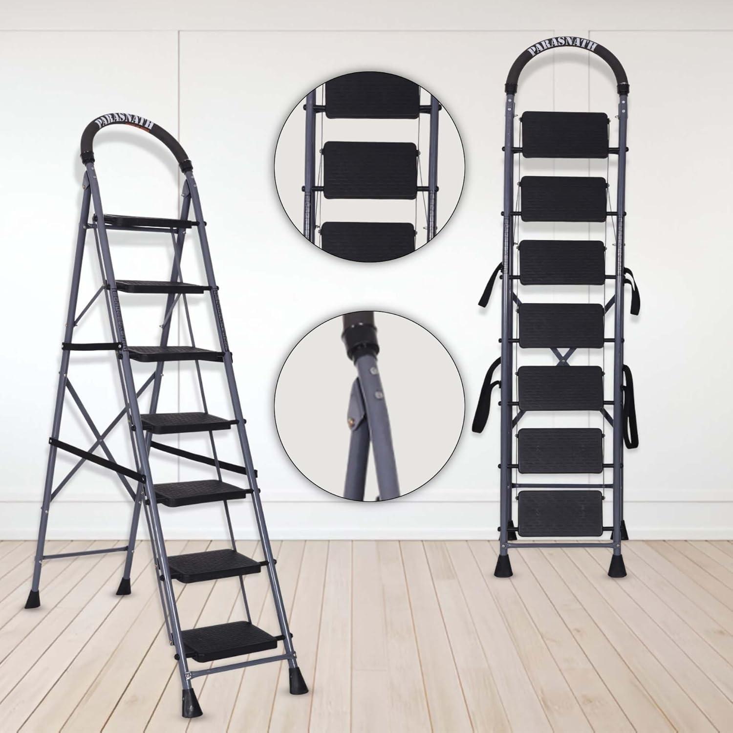 Parasnath GoUp 7 Step Foldable Steel Grey Step Ladder – Heavy-Duty and Lightweight Step Ladder with Anti-Skid Wide Plastic Steps, Safety Handle, High Reach Platform for Home, Kitchen, Office, Warehouse Use - 6 Year Manufacturer Warranty - Made in India - PARASNATH