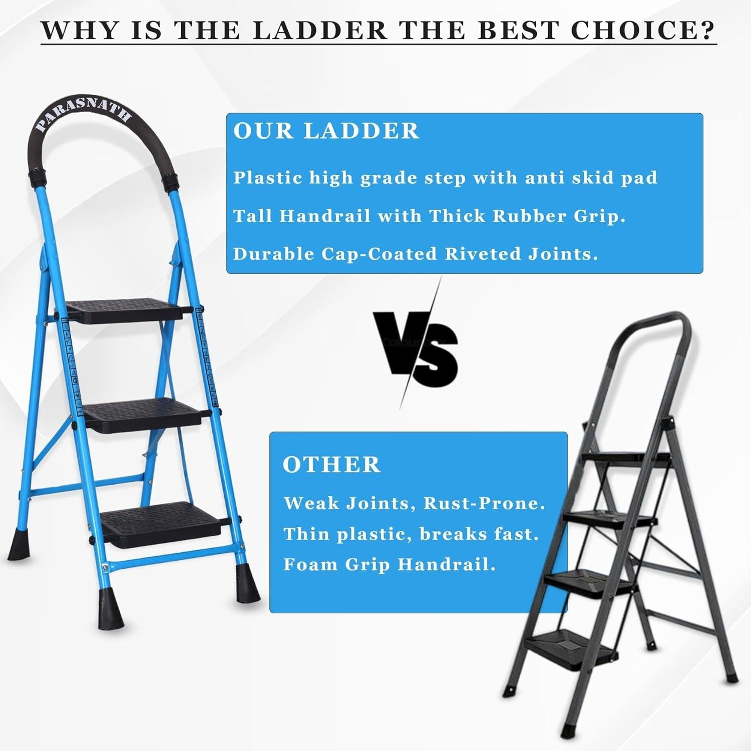 Parasnath GoUp 3 Step Foldable Steel Blue Step Ladder – Heavy-Duty and Lightweight Step Ladder with Anti-Skid Wide Plastic Steps, Safety Handle, High Reach Platform for Home, Kitchen, Office, Warehouse Use - 6 Year Manufacturer Warranty - Made in India - PARASNATH