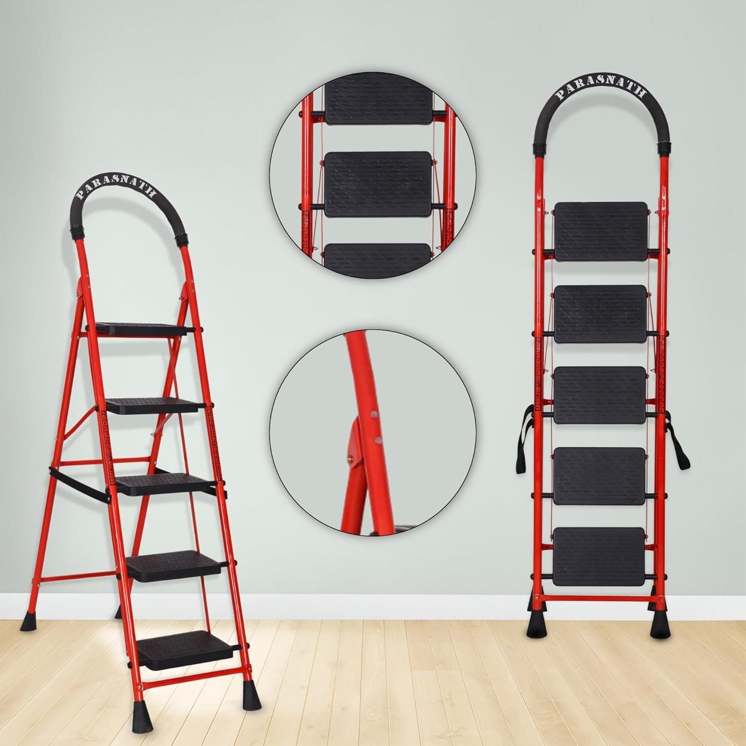Parasnath GoUp 5 Step Foldable Steel Red Step Ladder – Heavy-Duty and Lightweight Step Ladder with Anti-Skid Wide Plastic Steps, Safety Handle, High Reach Platform for Home, Kitchen, Office, Warehouse Use - 6 Year Manufacturer Warranty - Made in India - PARASNATH