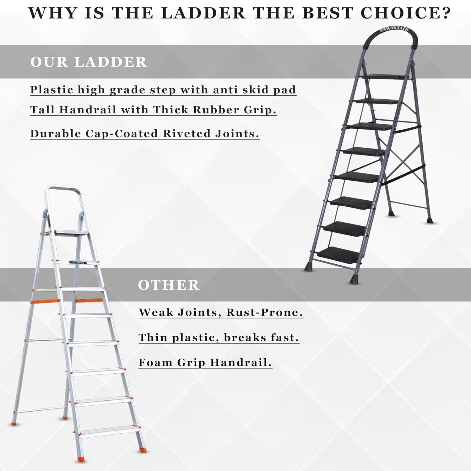 Parasnath GoUp 8 Step Foldable Steel Grey Step Ladder – Heavy-Duty and Lightweight Step Ladder with Anti-Skid Wide Plastic Steps, Safety Handle, High Reach Platform for Home, Kitchen, Office, Warehouse Use - 6 Year Manufacturer Warranty - Made in India - PARASNATH