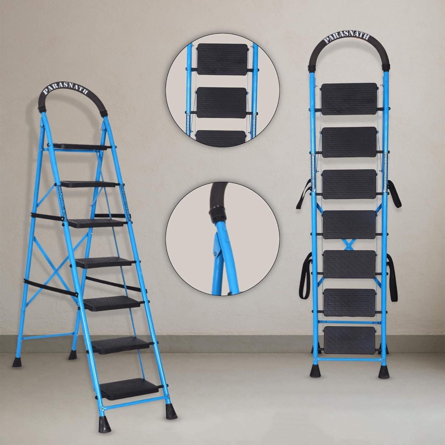 Parasnath GoUp 7 Step Foldable Steel Blue Step Ladder – Heavy-Duty and Lightweight Step Ladder with Anti-Skid Wide Plastic Steps, Safety Handle, High Reach Platform for Home, Kitchen, Office, Warehouse Use - 6 Year Manufacturer Warranty - Made in India - PARASNATH