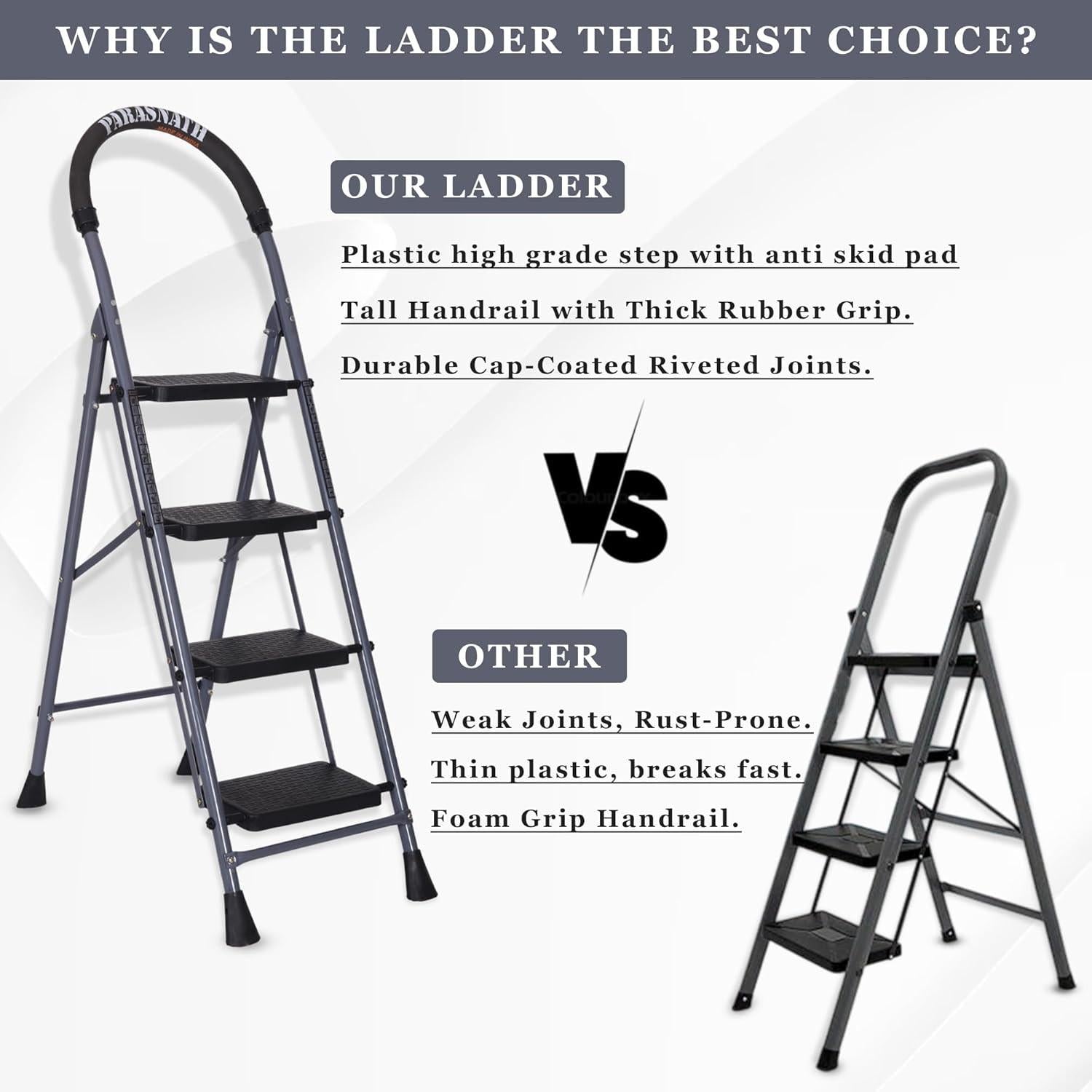 Parasnath GoUp 4 Step Foldable Steel Grey Step Ladder – Heavy-Duty and Lightweight Step Ladder with Anti-Skid Wide Plastic Steps, Safety Handle, High Reach Platform for Home, Kitchen, Office, Warehouse Use - 6 Year Manufacturer Warranty - Made in India - PARASNATH