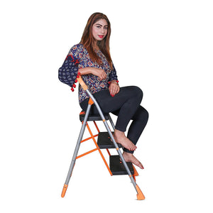 Parasnath 3 Step Orange Diamond Folding Ladder with Wide Steps 3 Steps 3.1 FT Ladder - Made in India - PARASNATH