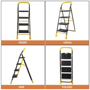 Parasnath 4 Step Yellow Diamond Mild Steel Foldable Ladder for Home - Wide Anti Skid Plastic Step Ladder for Extra Gripping 4.2 FT Ladder - Made in India - PARASNATH