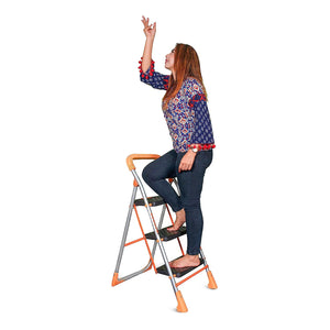 Parasnath 3 Step Orange Diamond Folding Ladder with Wide Steps 3 Steps 3.1 FT Ladder - Made in India - PARASNATH