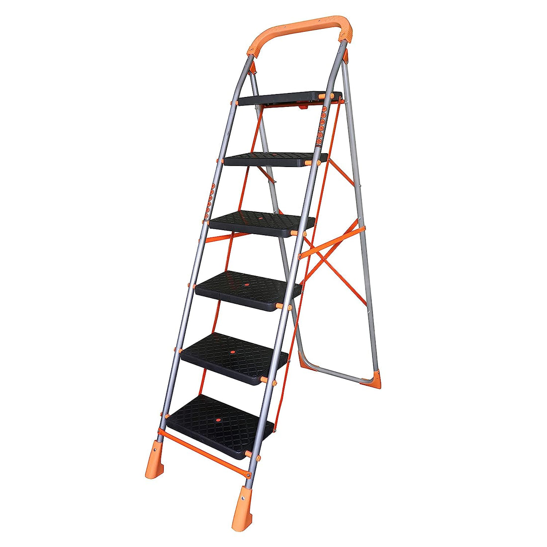 Parasnath 6 Step Orange Diamond Folding Ladder with Wide Steps 6 Steps 6.1 FT Ladder - Made in India - PARASNATH