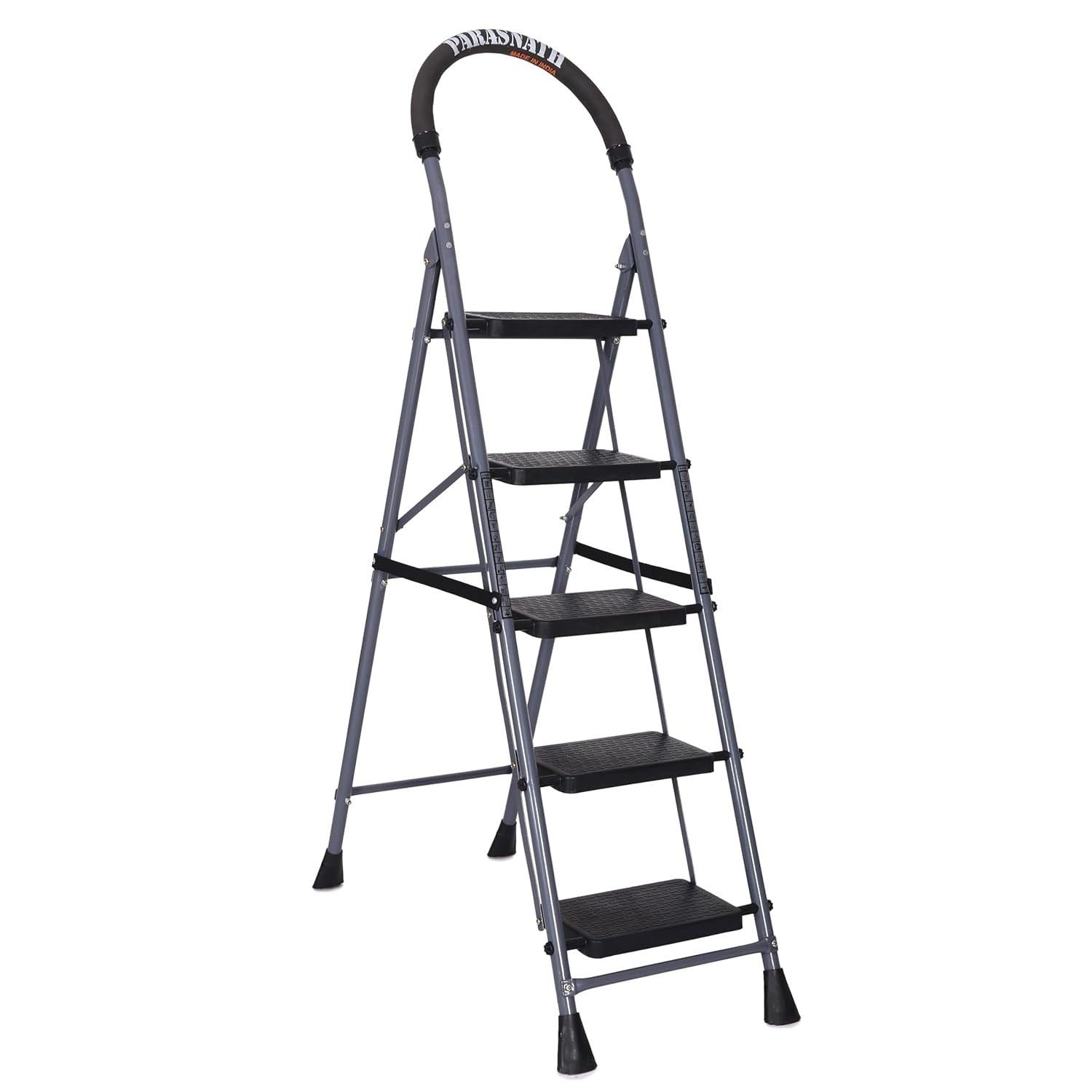 Parasnath GoUp 5 Step Foldable Steel Grey Step Ladder – Heavy-Duty and Lightweight Step Ladder with Anti-Skid Wide Plastic Steps, Safety Handle, High Reach Platform for Home, Kitchen, Office, Warehouse Use - 6 Year Manufacturer Warranty - Made in India - PARASNATH