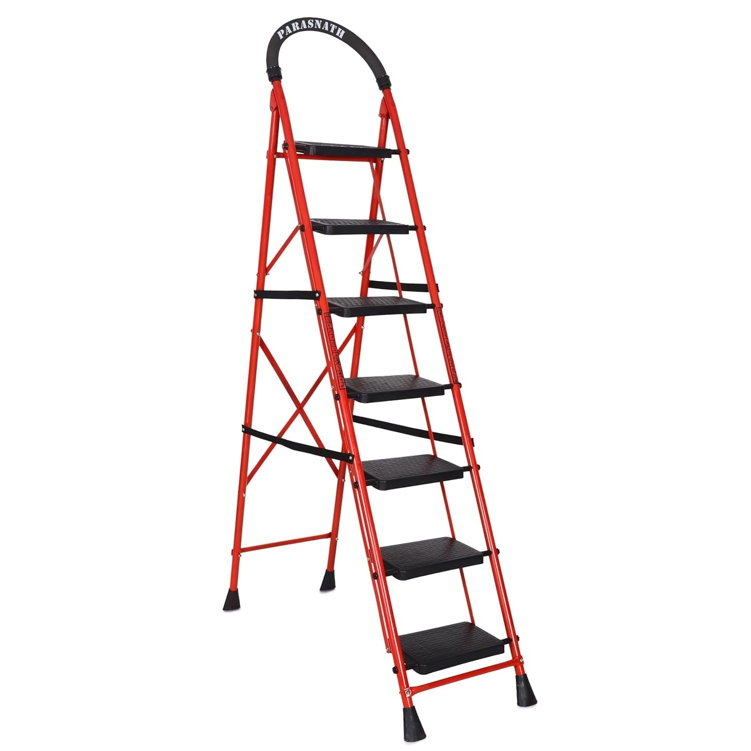 Parasnath GoUp 7 Step Foldable Steel Red Step Ladder – Heavy-Duty and Lightweight Step Ladder with Anti-Skid Wide Plastic Steps, Safety Handle, High Reach Platform for Home, Kitchen, Office, Warehouse Use - 6 Year Manufacturer Warranty - Made in India - PARASNATH
