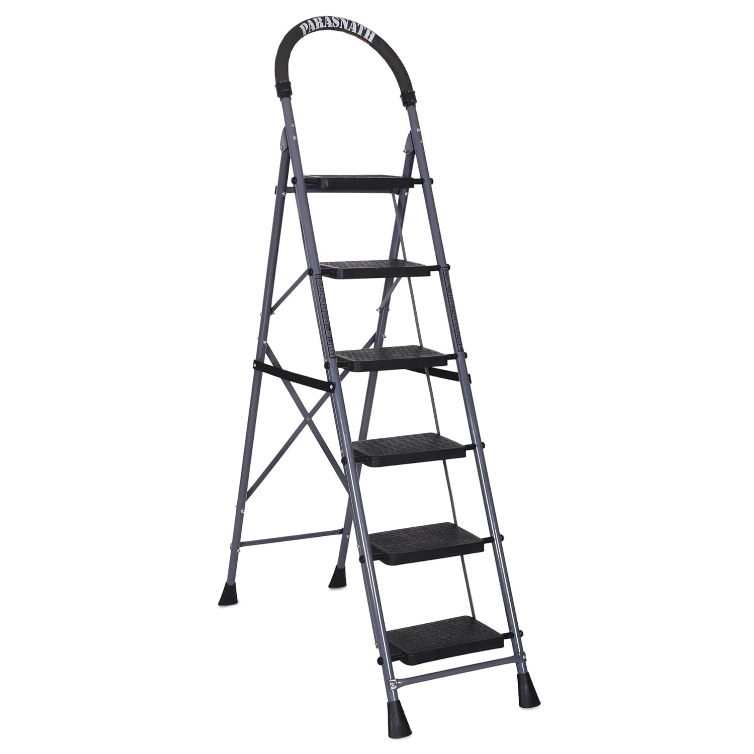 Parasnath GoUp 6 Step Foldable Steel Grey Step Ladder – Heavy-Duty and Lightweight Step Ladder with Anti-Skid Wide Plastic Steps, Safety Handle, High Reach Platform for Home, Kitchen, Office, Warehouse Use - 6 Year Manufacturer Warranty - Made in India - PARASNATH