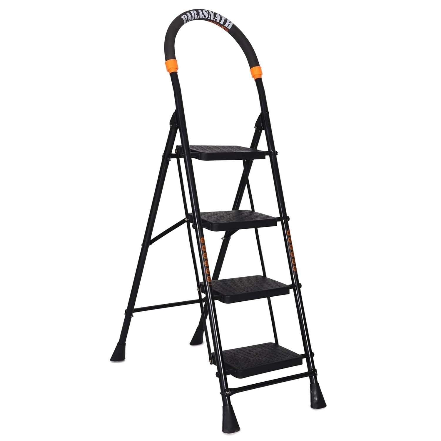 Parasnath GoUp 4 Step Foldable Steel Black Step Ladder – Heavy-Duty and Lightweight Step Ladder with Anti-Skid Wide Plastic Steps, Safety Handle, High Reach Platform for Home, Kitchen, Office, Warehouse Use - 6 Year Manufacturer Warranty - Made in India - PARASNATH