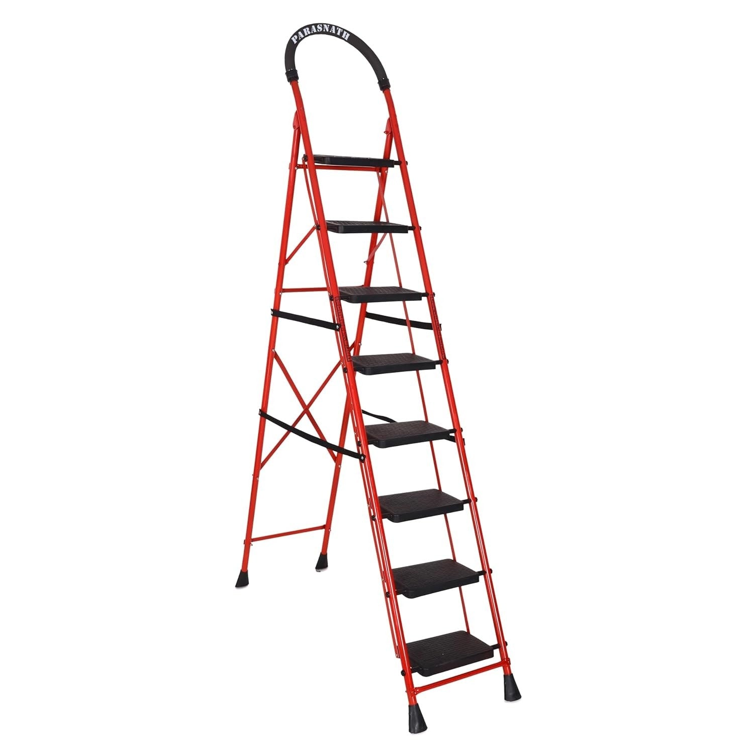 Parasnath GoUp 8 Step Foldable Steel Red Step Ladder – Heavy-Duty and Lightweight Step Ladder with Anti-Skid Wide Plastic Steps, Safety Handle, High Reach Platform for Home, Kitchen, Office, Warehouse Use - 6 Year Manufacturer Warranty - Made in India - PARASNATH