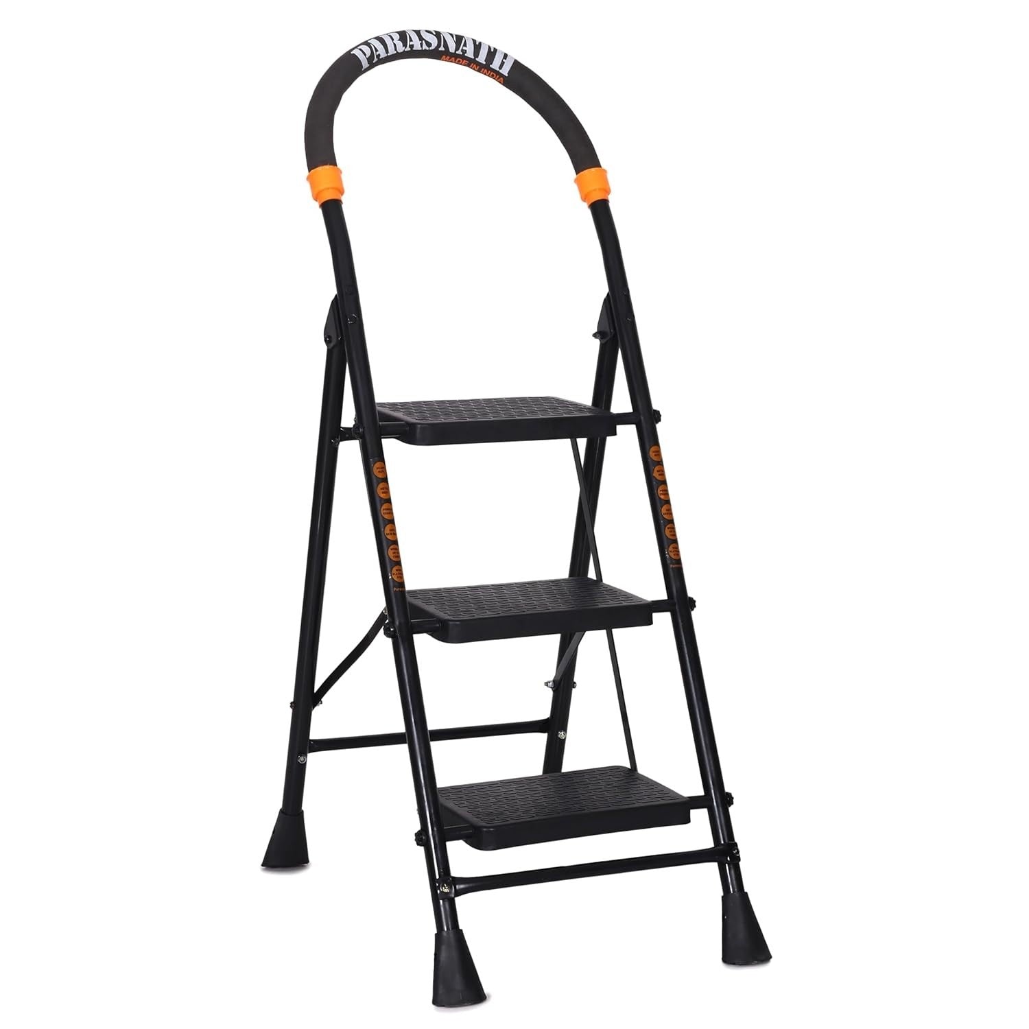 Parasnath GoUp 3 Step Foldable Steel Black Step Ladder – Heavy-Duty and Lightweight Step Ladder with Anti-Skid Wide Plastic Steps, Safety Handle, High Reach Platform for Home, Kitchen, Office, Warehouse Use - 6 Year Manufacturer Warranty - Made in India - PARASNATH