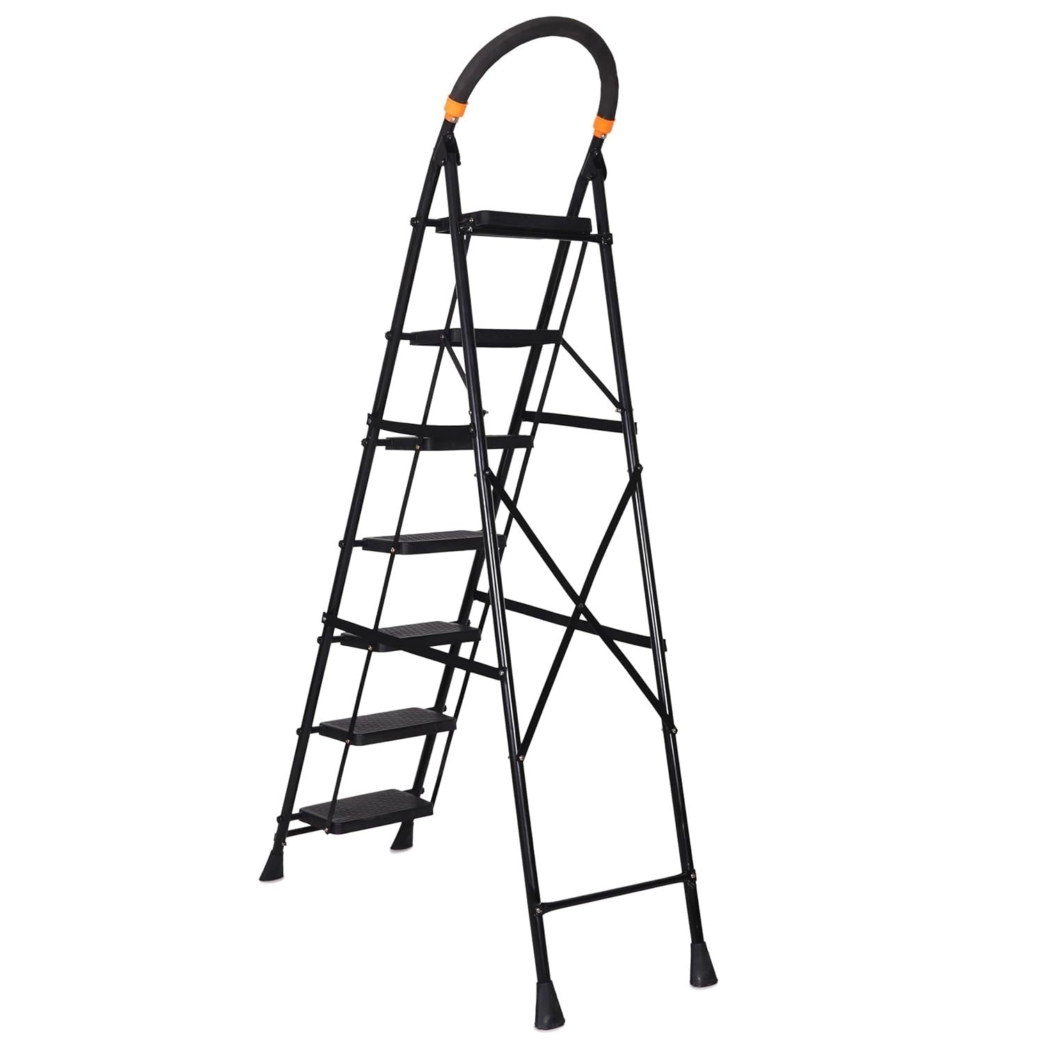 Parasnath GoUp 7 Step Foldable Steel Black Step Ladder – Heavy-Duty and Lightweight Step Ladder with Anti-Skid Wide Plastic Steps, Safety Handle, High Reach Platform for Home, Kitchen, Office, Warehouse Use - 6 Year Manufacturer Warranty - Made in India - PARASNATH
