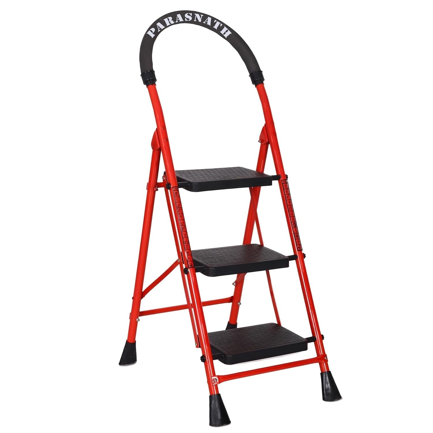 Parasnath GoUp 3 Step Foldable Steel Red Step Ladder – Heavy-Duty and Lightweight Step Ladder with Anti-Skid Wide Plastic Steps, Safety Handle, High Reach Platform for Home, Kitchen, Office, Warehouse Use - 6 Year Manufacturer Warranty - Made in India - PARASNATH