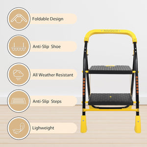 Parasnath 2 Step Yellow Diamond Mild Steel Foldable Ladder for Home - Wide Anti Skid Plastic Step Ladder for Extra Gripping 2.3 FT Ladder - Made in India - PARASNATH