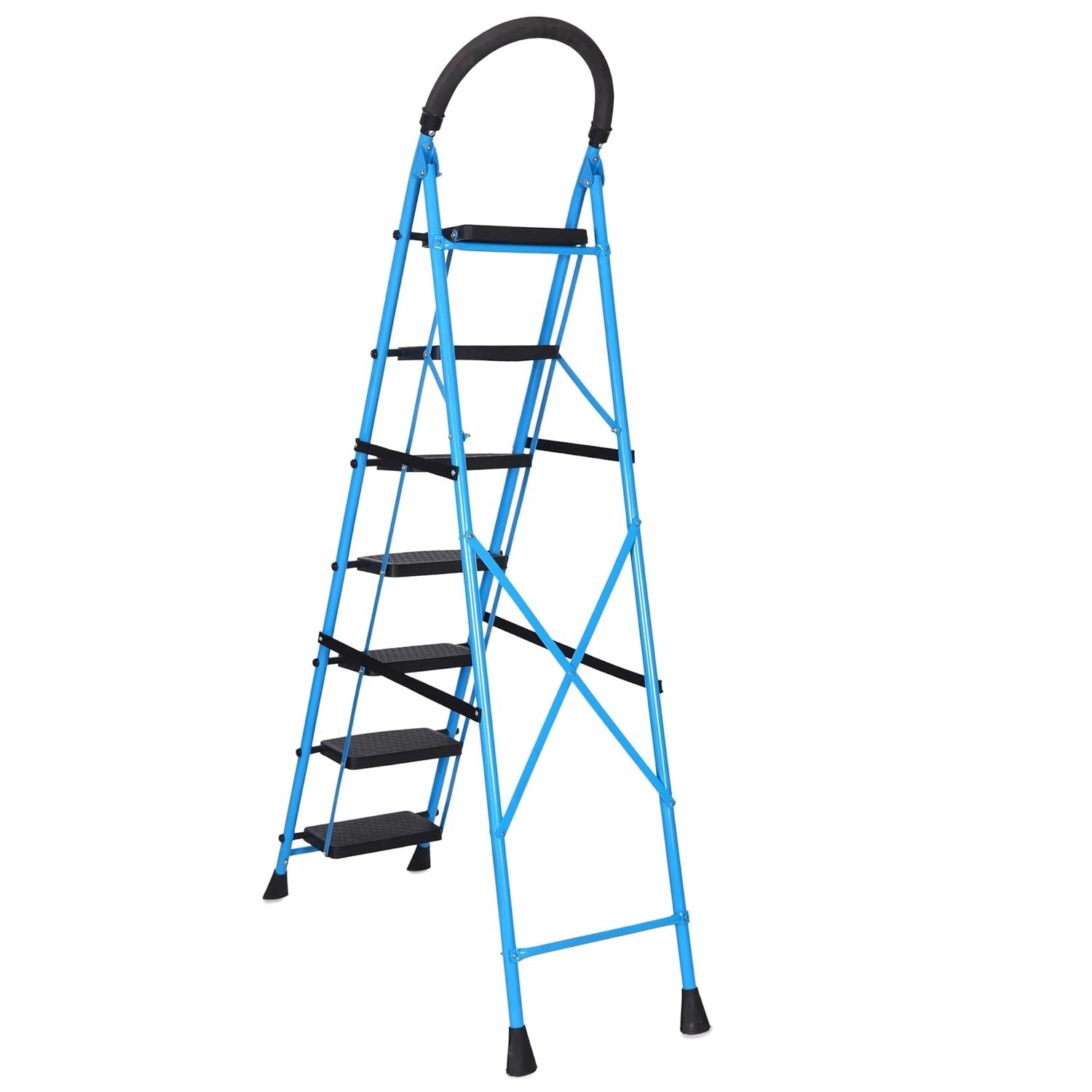 Parasnath GoUp 7 Step Foldable Steel Blue Step Ladder – Heavy-Duty and Lightweight Step Ladder with Anti-Skid Wide Plastic Steps, Safety Handle, High Reach Platform for Home, Kitchen, Office, Warehouse Use - 6 Year Manufacturer Warranty - Made in India - PARASNATH