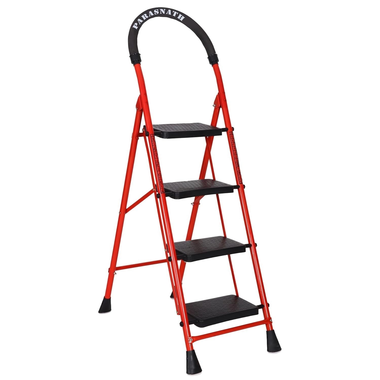 Parasnath GoUp 4 Step Foldable Steel Red Step Ladder – Heavy-Duty and Lightweight Step Ladder with Anti-Skid Wide Plastic Steps, Safety Handle, High Reach Platform for Home, Kitchen, Office, Warehouse Use - 6 Year Manufacturer Warranty - Made in India - PARASNATH