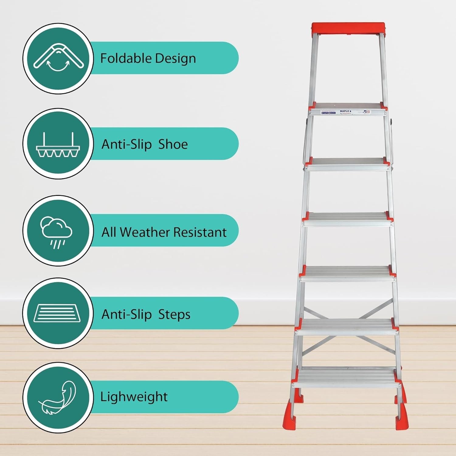 PARASNATH 6 Step EasyDay Folding Ladder – Durable Aluminium Step Ladder with Tool Tray, Non-Slip Steps, Lightweight and Compact for Home, Kitchen, Office Use – 6 Year Warranty – Made in India (Orange & Silver Color) - PARASNATH