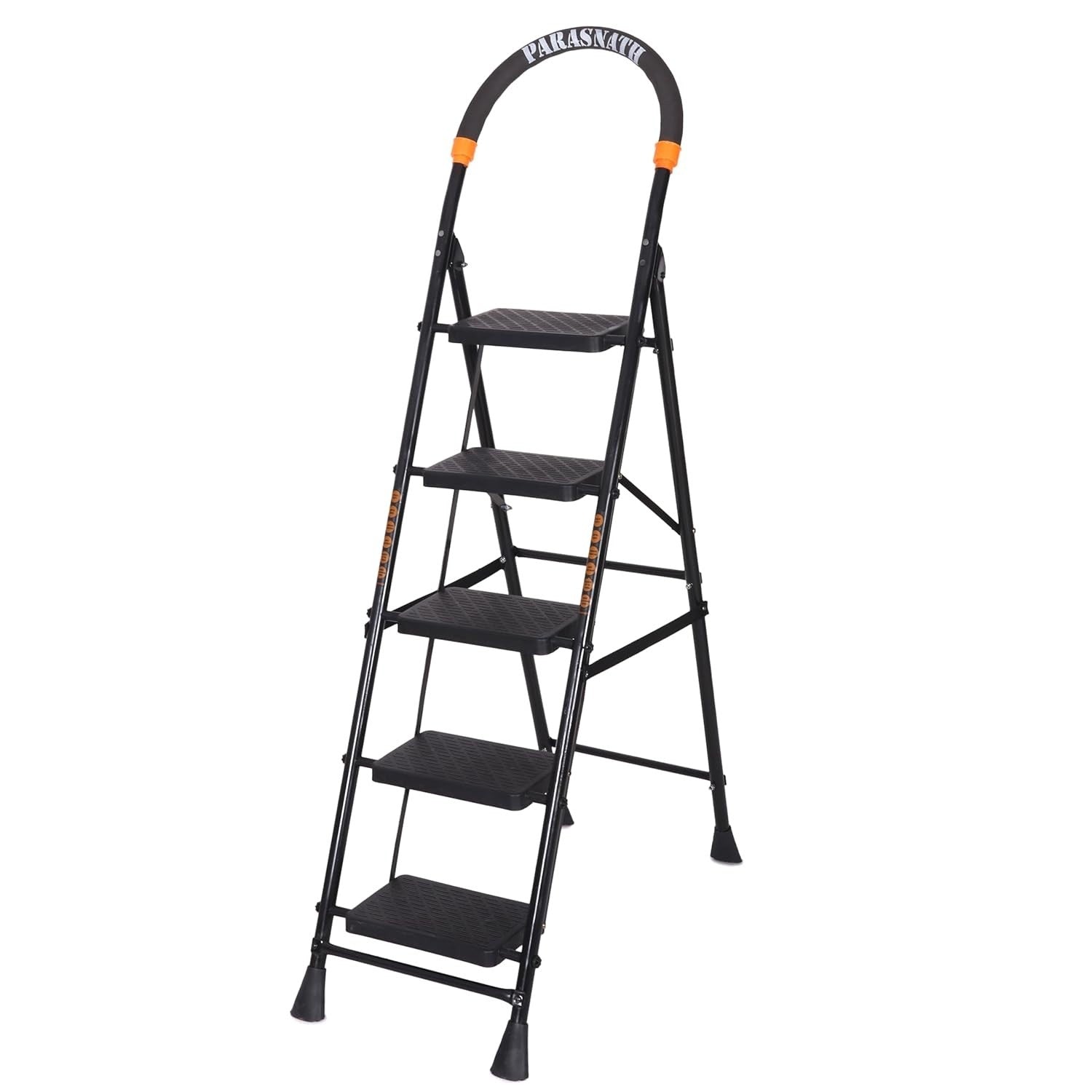 Parasnath GoUp 5 Step Foldable Steel Black Step Ladder – Heavy-Duty and Lightweight Step Ladder with Anti-Skid Wide Plastic Steps, Safety Handle, High Reach Platform for Home, Kitchen, Office, Warehouse Use - 6 Year Manufacturer Warranty - Made in India - PARASNATH