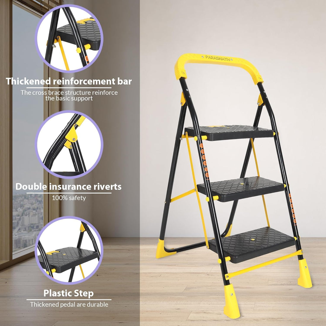 Parasnath 3 Step Yellow Diamond Mild Steel Foldable Ladder for Home - Wide Anti Skid Plastic Step Ladder for Extra Gripping (Yellow &amp; Black Colour) 3.3 FT Ladder - Made in India - PARASNATH