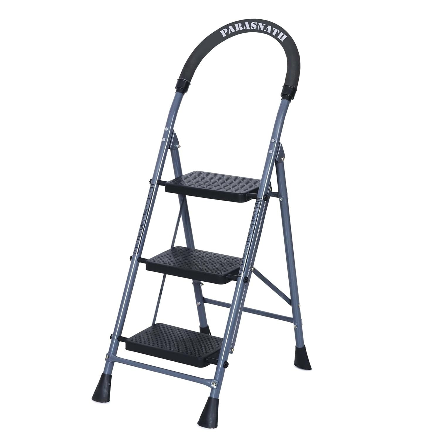 Parasnath GoUp 3 Step Foldable Steel Grey Step Ladder – Heavy-Duty and Lightweight Step Ladder with Anti-Skid Wide Plastic Steps, Safety Handle, High Reach Platform for Home, Kitchen, Office, Warehouse Use - 6 Year Manufacturer Warranty - Made in India - PARASNATH