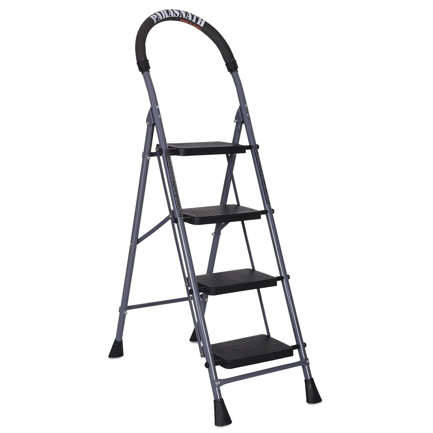 Parasnath GoUp 4 Step Foldable Steel Grey Step Ladder – Heavy-Duty and Lightweight Step Ladder with Anti-Skid Wide Plastic Steps, Safety Handle, High Reach Platform for Home, Kitchen, Office, Warehouse Use - 6 Year Manufacturer Warranty - Made in India - PARASNATH